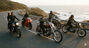 ein Gruppe Motorradfahrer auf der Küstenstraße